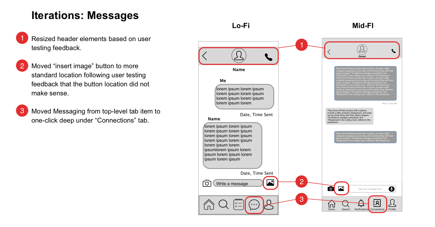 Connections and messaging screens